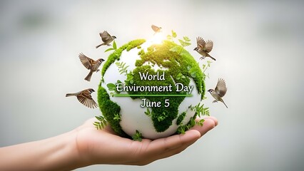 Celebrating world environment day with a green earth in hand and birds in flight
