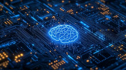 A glowing brain icon is centrally placed on a complex illuminated circuit board with vibrant blue and orange lights