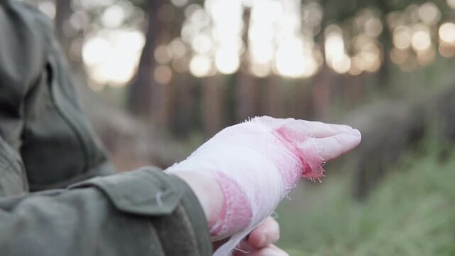 Soldier in frontline trench bandaging wounded arm after enemy attack, performing first aid. The concept of war.