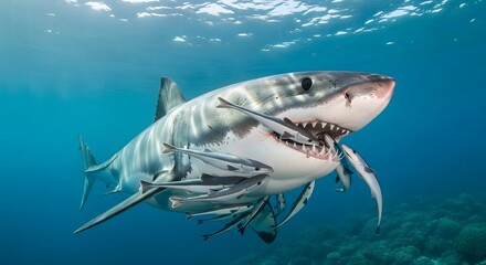 Tiger shark swimming with pilot fish in clear blue ocean water