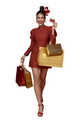 Chinese New Year shopping payment Asian woman holding credit card and gift bags celebrating Lunar New Year sale cashless spending festive retail prosperity holiday lifestyle. PNG file