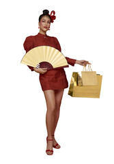 Chinese New Year fashion portrait Asian woman holding fan and shopping bag celebrating Lunar New Year festivity prosperity cultural festive red tradition. PNG file