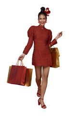 Chinese New Year shopping lifestyle portrait of Asian woman walking shopping with gift bags celebrating Lunar New Year sale festive fashion prosperity happiness modern cultural holiday. PNG file