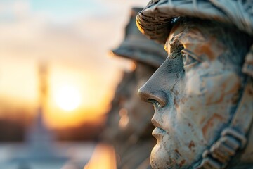 The soldier memorial statue captures the gaze of a soldier as warm sunlight surrounds the scene. The time is evening, and the haze adds warmth to the atmosphere