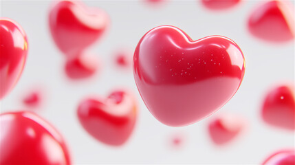 Abstract 3D red hearts floating on soft blurred background. Romantic love, Valentine&rsquo;s Day celebration and kindness concept, glossy minimal design with copy space.