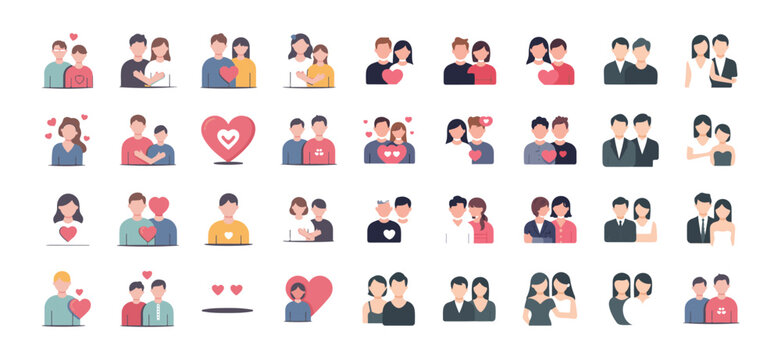 Big set of minimalist love and couple icons, diverse romantic relationship symbols with hearts and wedding rings, inclusive LGBTQ+ and heterosexual collection for Valentine's Day.