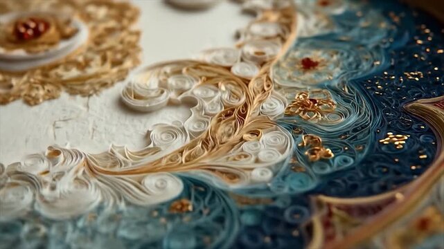 Intricate paper quilling design with detailed patterns and ornate decorations