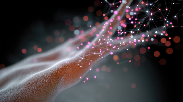 Futuristic hand with glowing digital network, abstract technology, artificial intelligence, innovation, and science concept - Powered by Adobe