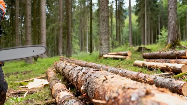 Operator adjusting the settings on a cordless chainsaw before starting precise treecutting work in a forestry area.