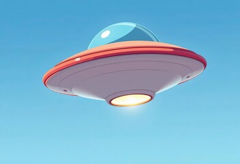 Fototapeta premium Whimsical cartoon flying saucer illustration hovering in a bright blue sky, emitting a soft light from its bottom hatch , discovery, mystery