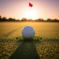 Golf ball on green grass with flag in the background at sunset.