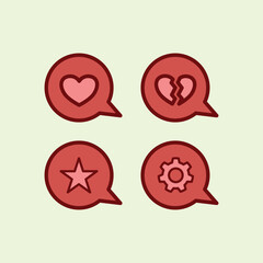 Red speech bubbles with heart, broken heart, star, and gear icons. Minimalist UI elements for social media feedback and settings.
