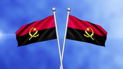 Angola Crossed Flags Waving in Blue Sky Loop Animation | Realistic 3D National Flag Background