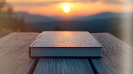 Book on wooden table with serene mountain sunset background