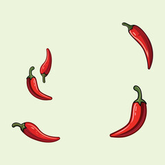 A collection of vibrant red chili peppers scattered across a pale green background. Perfect for spice themed backgrounds, culinary patterns, or kitchen decor graphics.