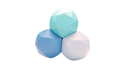 Three faceted geometric shapes in pastel colors stacked together