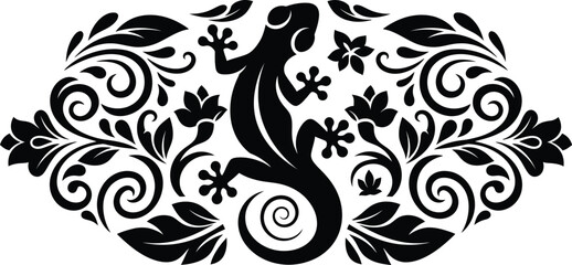 Elegant lizard silhouette with decorative floral scrollwork and symmetrical leaf vine elements for creative vinyl cutting and artistic graphic design projects.