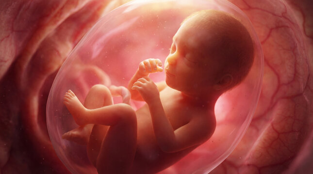 24-week human fetus in utero with intact amniotic membranes, umbilical cord connecting to placental site, lanugo coverage on extremities, and vascularized myometrium under transmaternal illumination