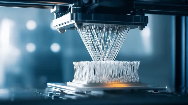 Closeup medium shot of a multilayer 3D printer creating detailed medical implants showcasing intricate layers and lifelike textures in a sterile lab setting.