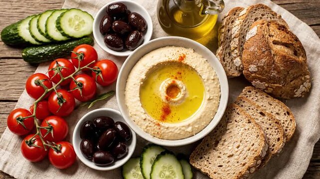 Delicious Mediterranean spread with hummus, olives, tomatoes, cucumbers, and fresh bread on a rustic table