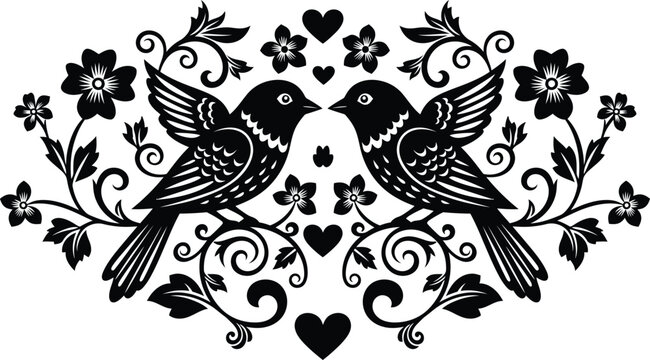 Ornate love birds silhouette with elegant floral scrollwork hearts and flowers for romantic wedding invitation and artistic vinyl cutting projects.