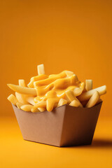 French fries cheese sauce snack fast food yellow crispy delicious potato appetizer savory comfort food in cardboard container