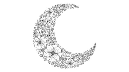 Floral Crescent Moon A Detailed Black and White Illustration.