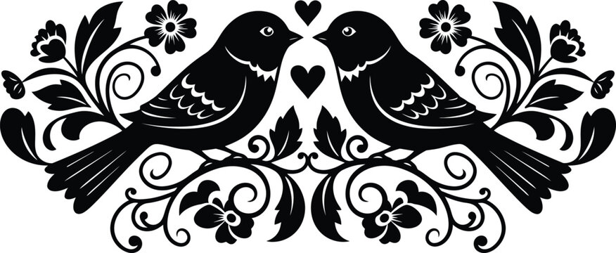 Ornate love birds silhouette with elegant floral scrollwork and hearts for creative wedding invitations and decorative graphic design projects.