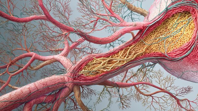 Susac syndrome: scientific illustration of retinal microcirculation affected by Susac syndrome, detailed arteries and capillaries, photorealistic ophthalmic anatomy