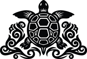 Obraz premium Ornate sea turtle silhouette with elegant floral scrollwork and ocean wave elements in black and white for decorative artistic graphic design.