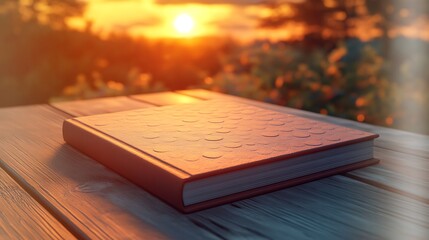 Leather bound book on wooden table at serene sunset