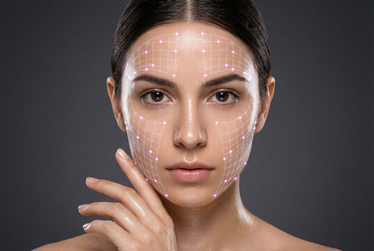 Young woman with digital scanning grid on face for skin analysis and futuristic beauty technology - Powered by Adobe