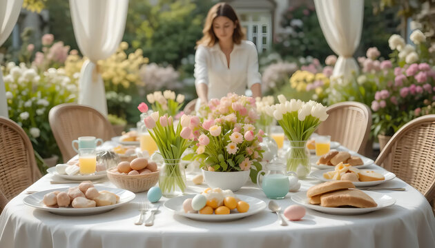 Spring Garden Brunch Table with Fresh Flowers, Pastries, and Juice