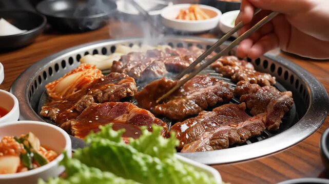 Close up of food cooking on a metal grill with steam and various side dishes