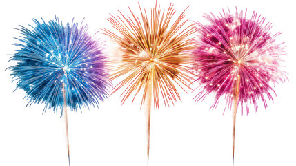 Bright sparkling fireworks in red blue green and yellow colors on transparent background