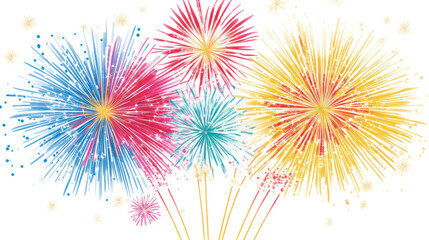 Bright sparkling fireworks in red blue green and yellow colors on transparent background