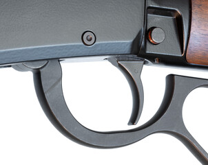 Trigger and safety on a wood stocked lever action rifle