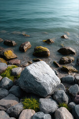 Obraz premium Large rock on shore with mossy stones, calm water, and green grass, peaceful natural landscape, daylight outdoor scene