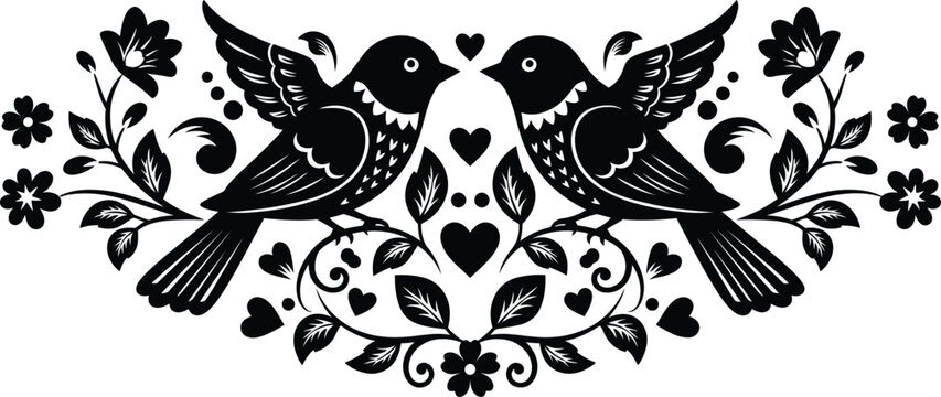 Traditional folk art style illustration of two birds with floral ornaments and hearts for greeting cards.