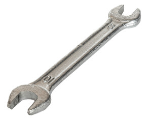 Angled view of a steel wrench with 10 and 8 mm sides