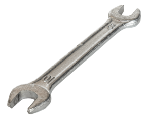 Angled view of a steel wrench with 10 and 8 mm sides
