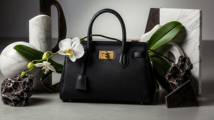 Luxury black leather handbag with gold logo surrounded by flowers and decorative objects.