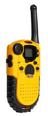Angled view of an isolated yellow two way radio