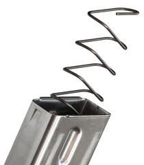 Spring being removed from a semi-auto pistol magazine