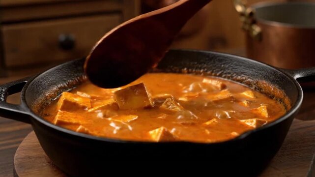 A close-up shot of a bubbling stew in a cast-iron pot, with a wooden spoon stirring it