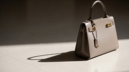 Luxury beige leather handbag with gold hardware on a minimalist background.
