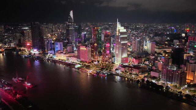  Aerial view of Ba Son Bridge at night in downtown Ho Chi Minh City, connecting District 1 and Thu Duc district