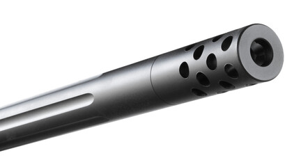 Large muzzle brake on a fluted rifle barrel