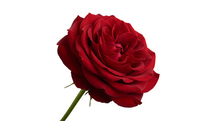 A single beautiful red rose blossom with a green leaf and bud is isolated on a white background as a romantic floral gift for a Valentine celebration of love