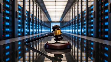 Digital data center justice concept with gavel and servers